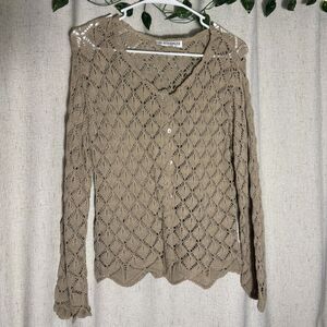 JP Berringer Crochet Knit Cardigan Women’s M Taupe Boho Button Front Open Knit